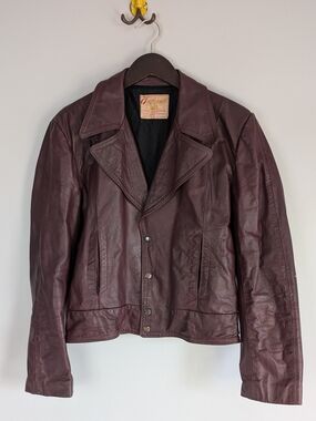 Vintage Weathermate Maroon Leather Cropped Snap Closure Wide Collar Jacket, S